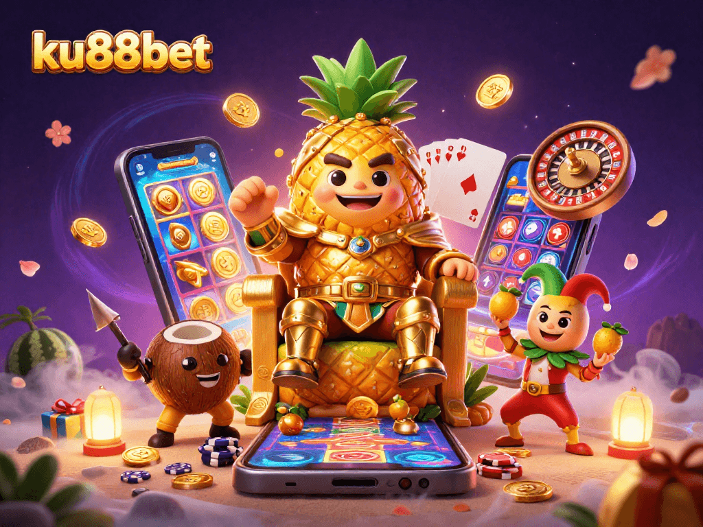 ku88bet showcases a vibrant casino scene with a golden pineapple king and dynamic game elements.