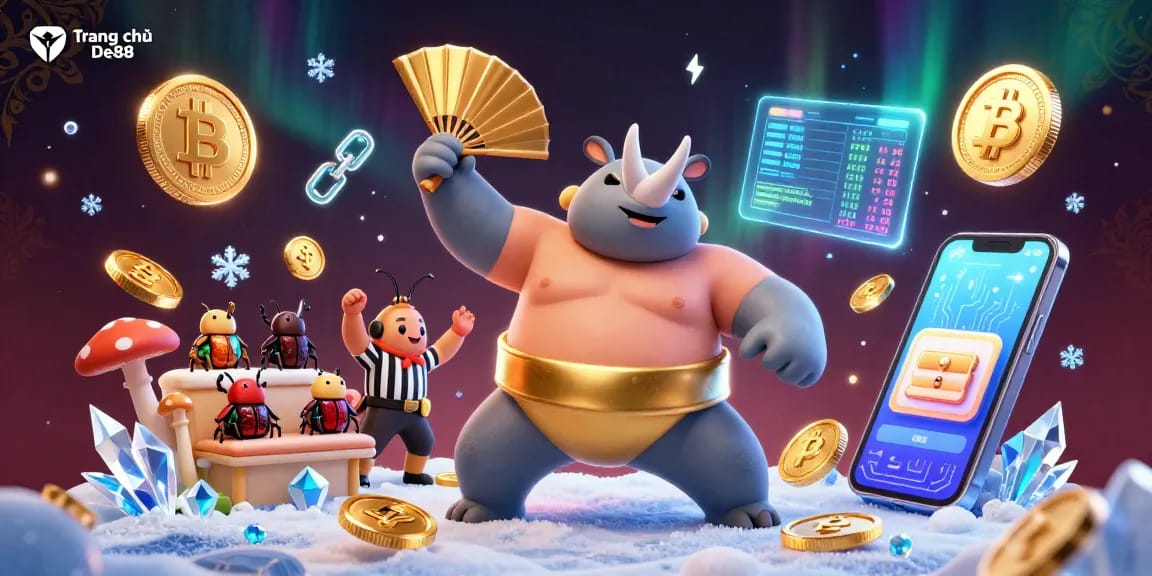 Experience the thrill at Trang chủ De88 with a vibrant illustration of a sumo beetle champion amidst flying coins and digital elements.