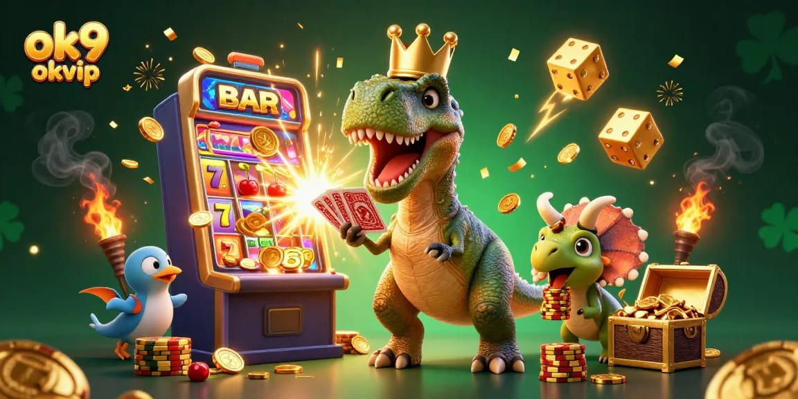 Join the fun at ok9 okvip with engaging gameplay featuring cartoon dinosaurs in a vibrant casino scene.