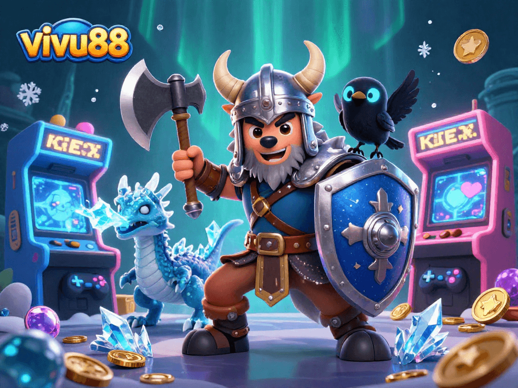 Engage in thrilling action at vivu88 with a Viking warrior, dragon, and arcade games.