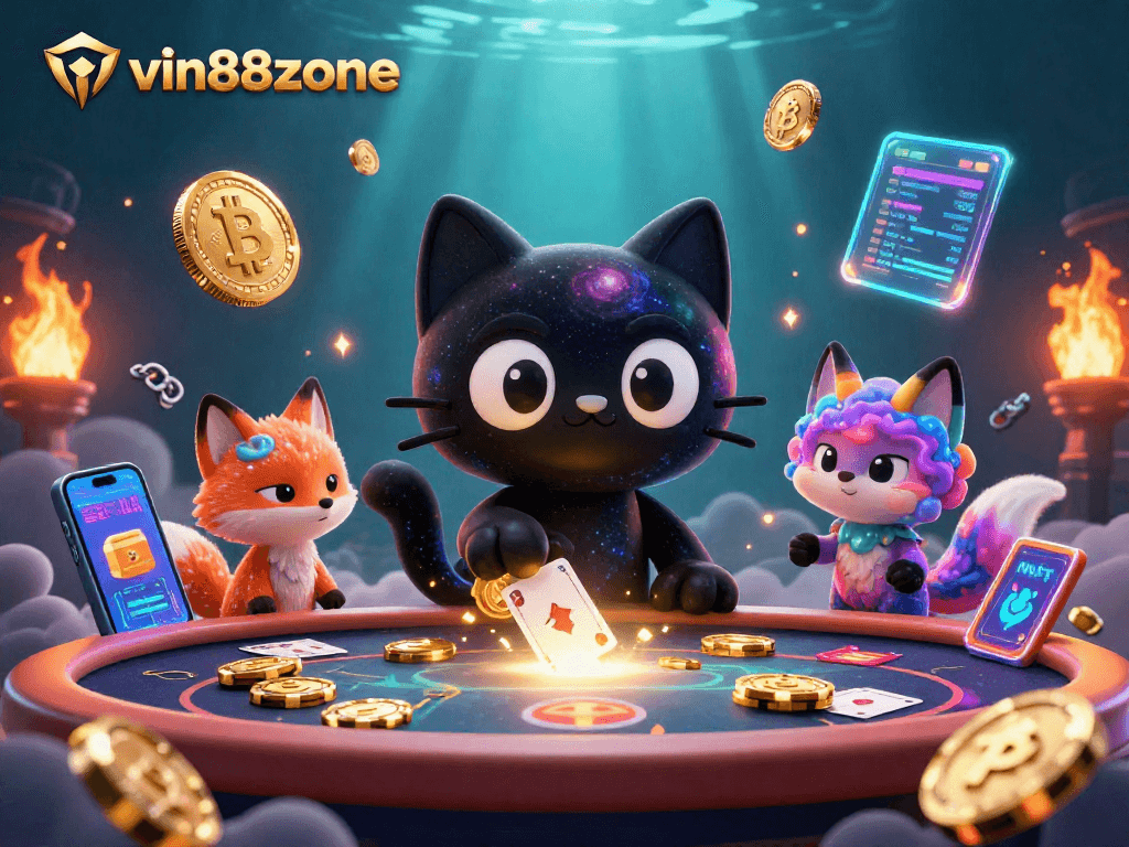 vin88zone captivates with a cosmic cat and nebula fox amidst glowing crypto elements at a casino table