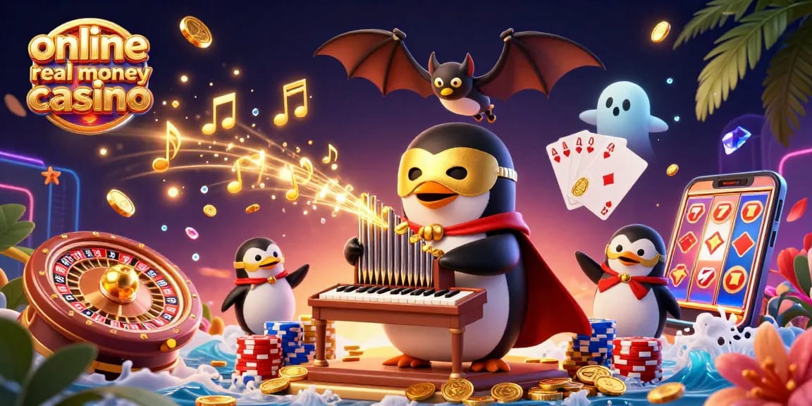 Engaging scene in an online real money casino featuring a phantom operatic penguin and vibrant casino elements.