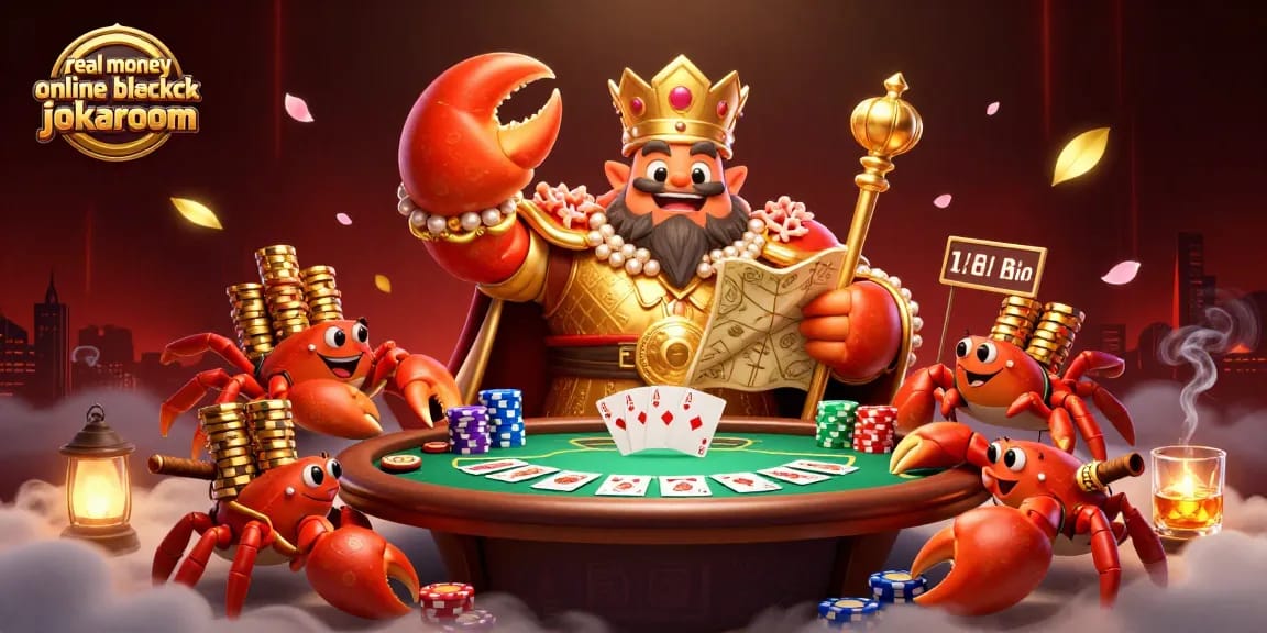 Engage in real money online blackjack jokaroom with a vibrant 3D casino scene featuring a golden crab emperor!