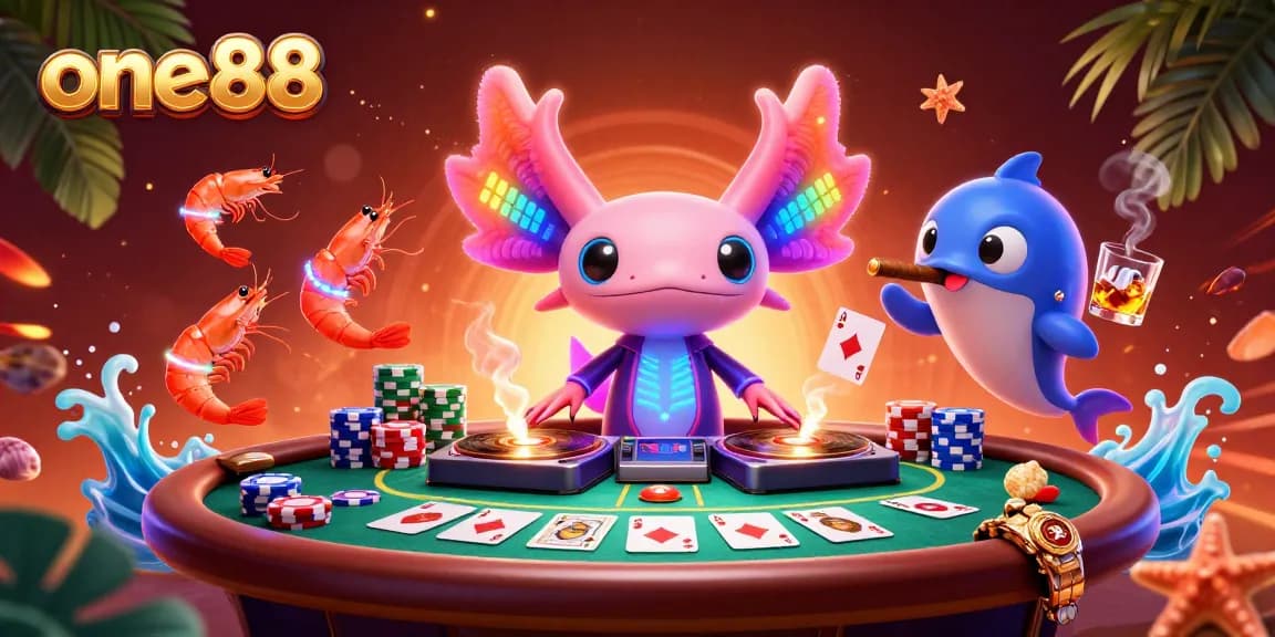 Experience the vibrant one88 casino scene with a neon-colored axolotl DJ spinning records and lively shrimp dancers.
