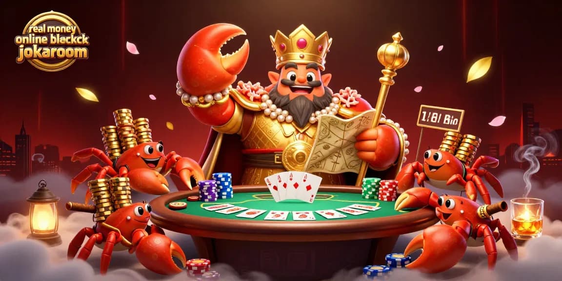 Engage in real money online blackjack jokaroom with a vibrant 3D casino scene featuring a golden crab emperor!
