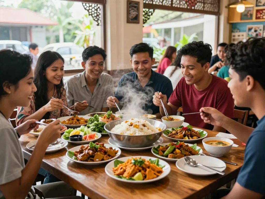 Nasi Kandar dining experience at rokok88 with friends enjoying authentic Malaysian dishes.