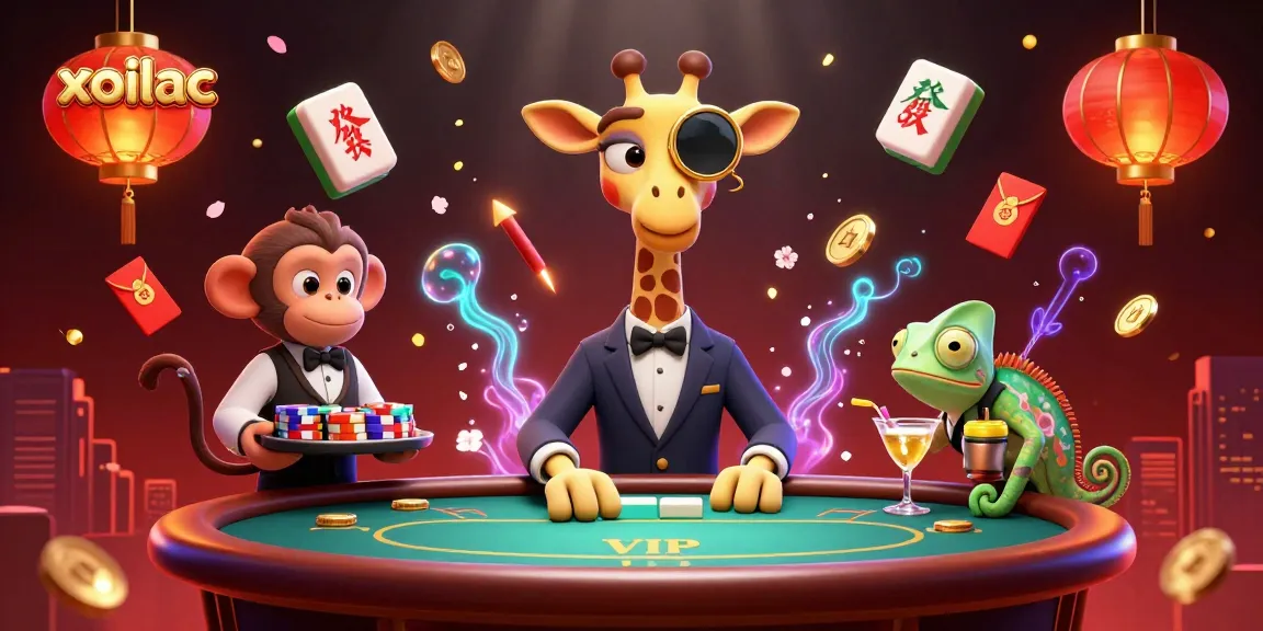 Xoilac showcases a vibrant casino scene with a giraffe dealer, monkey valet, and chameleon bartender.