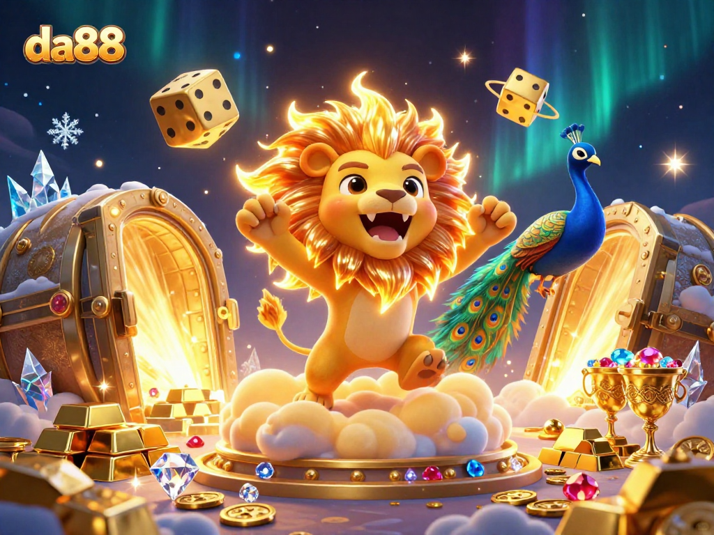 Experience the excitement of da88 with a vibrant casino scene featuring the sun lion and golden treasures.