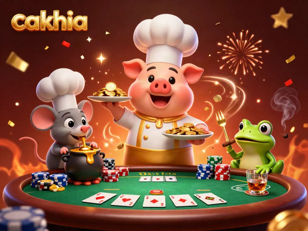 Cakhia offers gamblers a rich experience with a lively casino scene featuring a pig chef and golden elements.