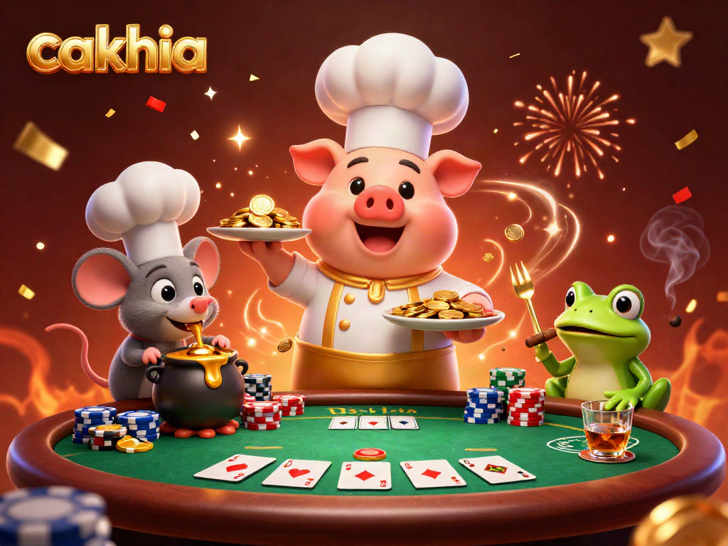 Cakhia offers gamblers a rich experience with a lively casino scene featuring a pig chef and golden elements.