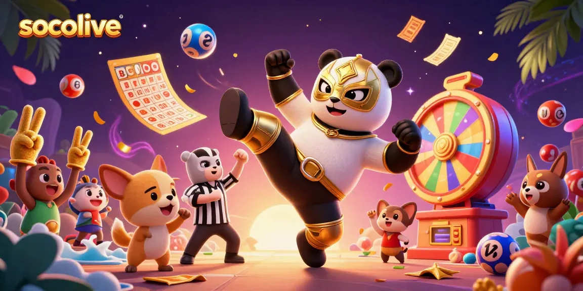 Socolive engaging gambling scene featuring a cartoon panda and chihuahua with lively spectators amidst casino elements.