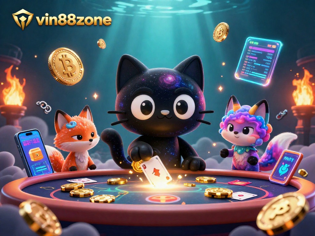 vin88zone captivates with a cosmic cat and nebula fox amidst glowing crypto elements at a casino table
