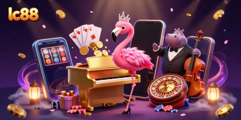 Experience the vibrant gaming world of lc88 with a lively casino scene featuring a flamingo singer and hippo bassist.