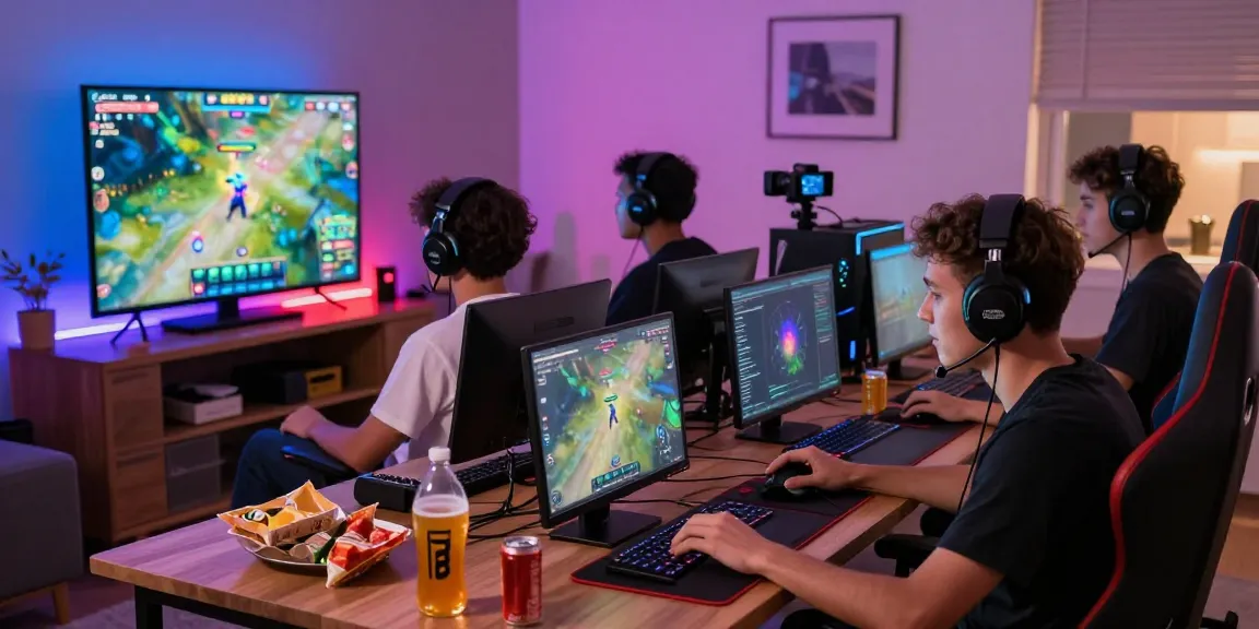 Exciting rokok88 gaming session with diverse players in action, vibrant graphics, and colorful LED ambiance.