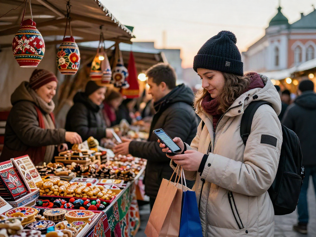 Un turista en un mercado ruso utilizando https://payinrussia.com/ para realizar pagos mientras sostiene una bolsa de compras.