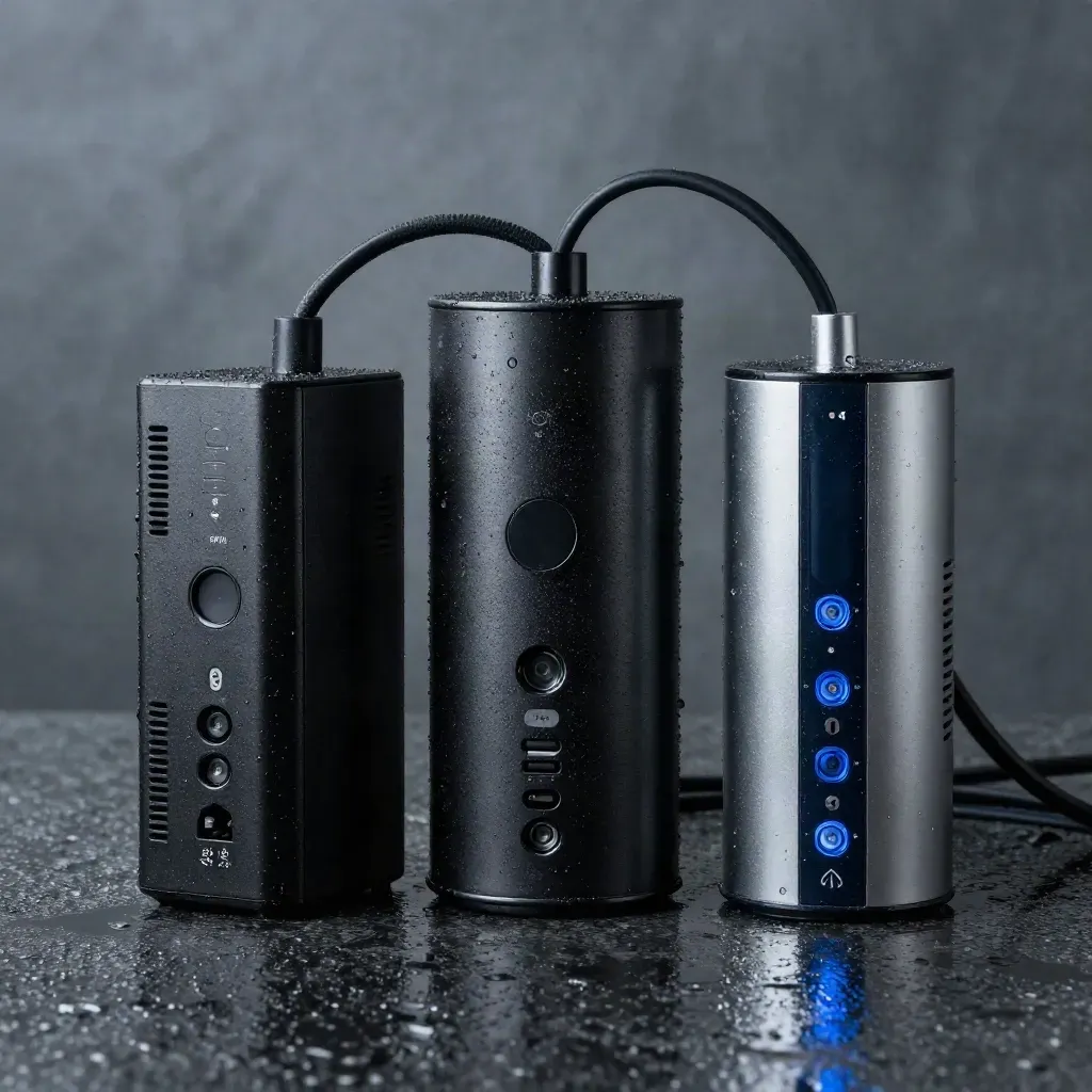 Svarta edge-compute-enheter, kablar och aluminiumkärna i fuktig blå timme.