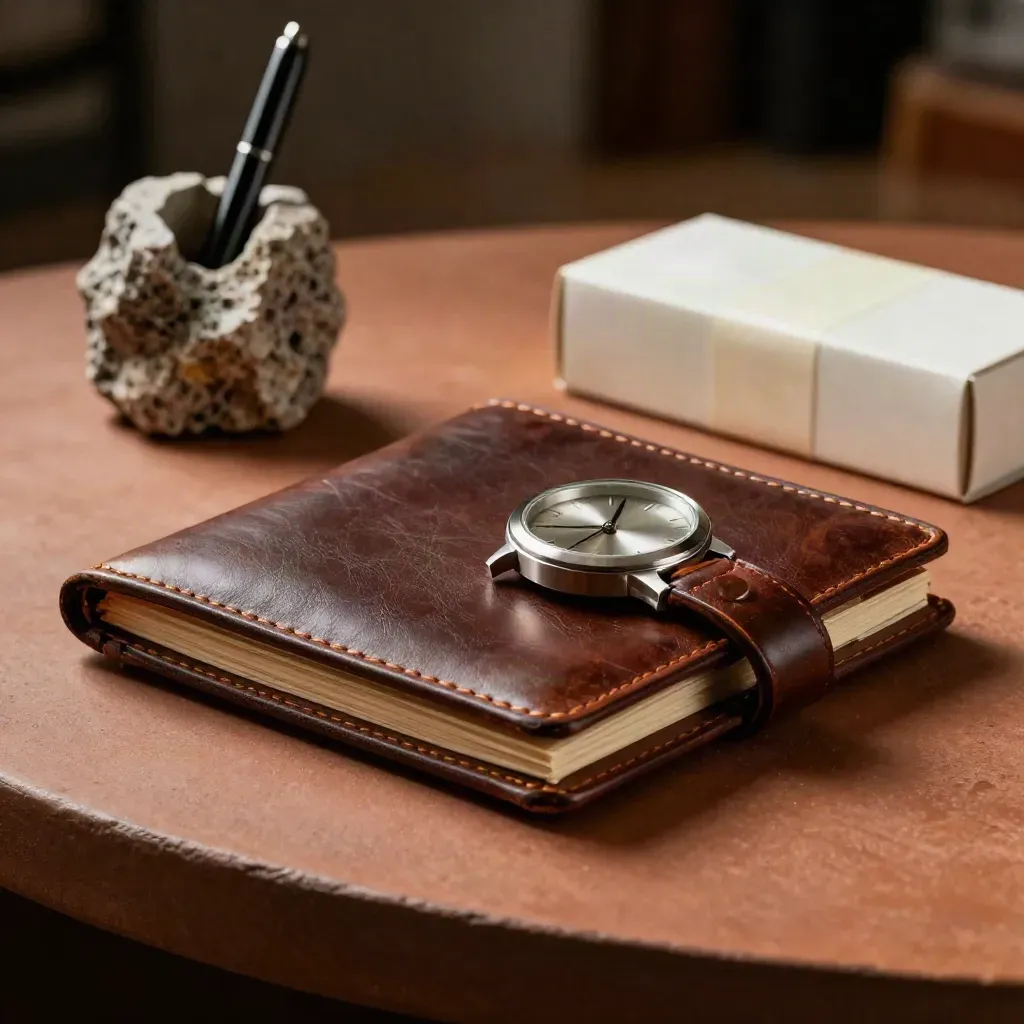Läderfolio, metallklocka, stenklätt pennställ och förseglad provask i varmt ljus.