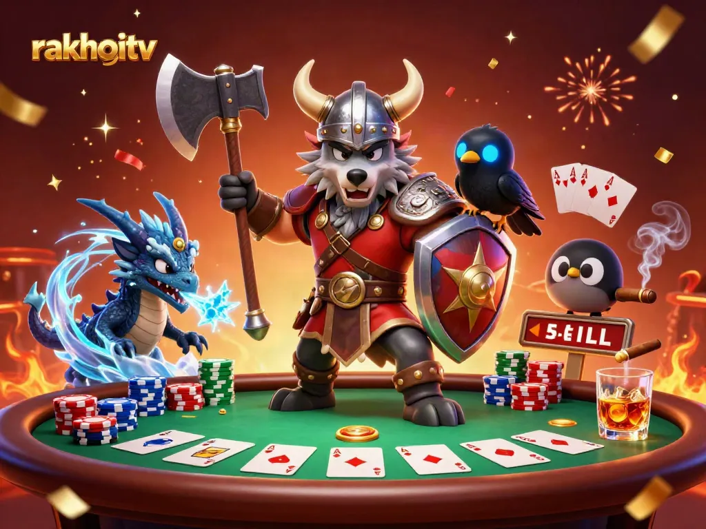 Experience rakhoitv's thrilling atmosphere, where Viking warriors command the poker table amidst vibrant confetti.