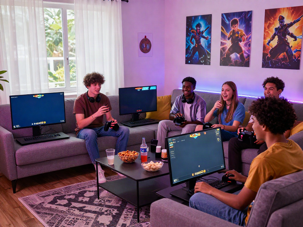 Friends enjoying rokok88 slot games in a cozy living room atmosphere.