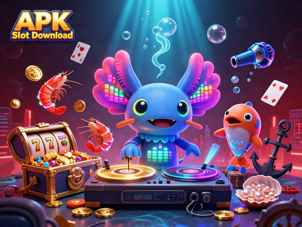 Engage with the APK Slot Download featuring vibrant slot reels, dancing sea creatures, and underwater treasures.