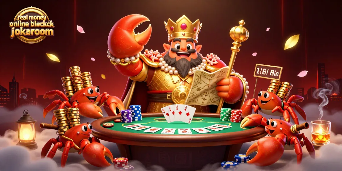 Engage in real money online blackjack jokaroom with a vibrant 3D casino scene featuring a golden crab emperor!