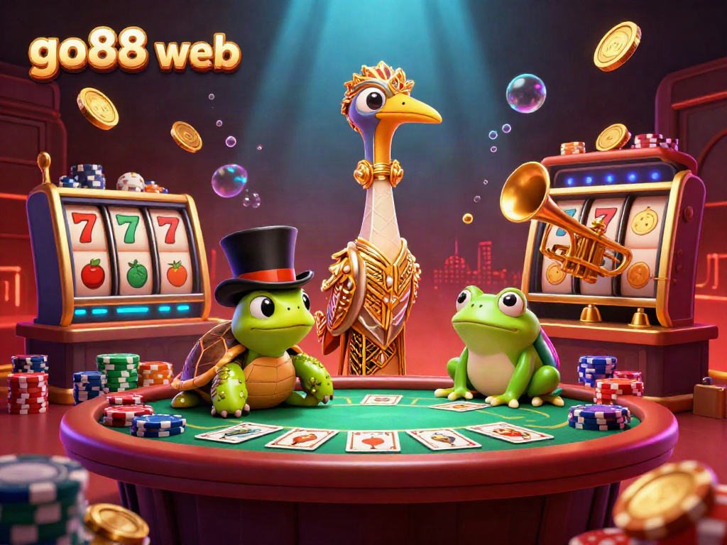 Engage with the vibrant atmosphere of go88 web, showcasing characters in a dynamic casino scene with gaming elements.